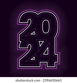 White and purple outline of number 2024 stacked in two rows with numbers connected together creating one shape. Purple lines outside. Dark purple background. New Year`s Eve Design Concept