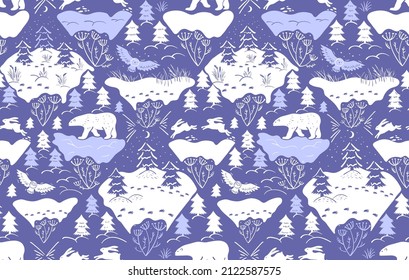White and purple seamless pattern with forest animals. Bicolor print for wallpaper or textile. Repeated ornament with detailed illustrations.