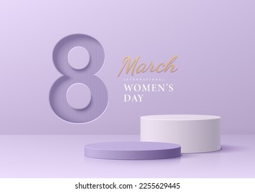 White and purple stand product podium set 3D background with text 8 march international women day. Minimal wall scene mockup product stage showcase, Promotion display. Abstract vector geometric forms