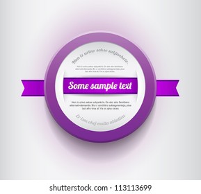 White / purple vector round plastic badge / banner with purple ribbon