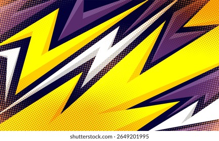 Witte, paarse en gele kleuren met halftoon en geometrische vormen van bliksemsport achtergrond