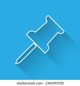White Push pin icon isolated with long shadow. Thumbtacks sign. Vector Illustration
