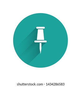 White Push pin icon isolated with long shadow. Thumbtacks sign. Green circle button. Vector Illustration