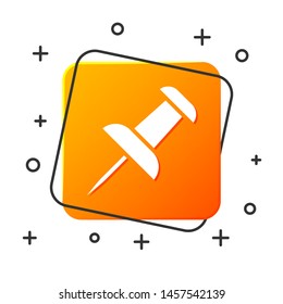 White Push pin icon isolated on white background. Thumbtacks sign. Orange square button. Vector Illustration