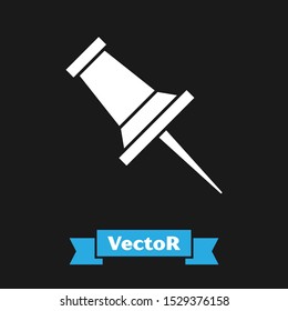 White Push pin icon isolated on black background. Thumbtacks sign.  Vector Illustration