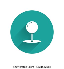 White Push pin icon isolated with long shadow. Thumbtacks sign. Green circle button. Vector Illustration