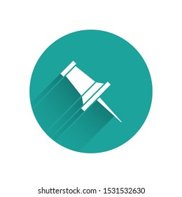 White Push pin icon isolated with long shadow. Thumbtacks sign. Green circle button. Vector Illustration
