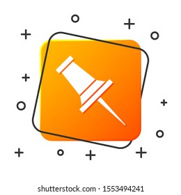 White Push pin icon isolated on white background. Thumbtacks sign. Orange square button. Vector Illustration