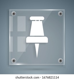 White Push pin icon isolated on grey background. Thumbtacks sign. Square glass panels. Vector Illustration