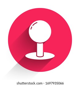 White Push pin icon isolated with long shadow. Thumbtacks sign. Red circle button. Vector Illustration