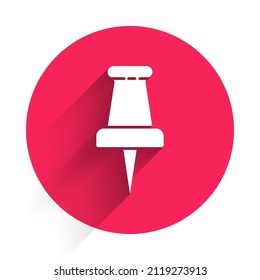 Icono del pasador de empuje blanco aislado con sombra larga. Señal de miniaturas. Botón de círculo rojo. Ilustración vectorial