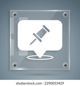 White Push pin icon isolated on grey background. Thumbtacks sign. Square glass panels. Vector