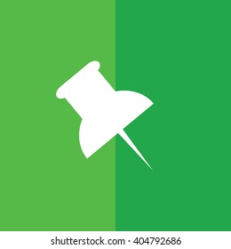 White push pin vector icon. Green background
