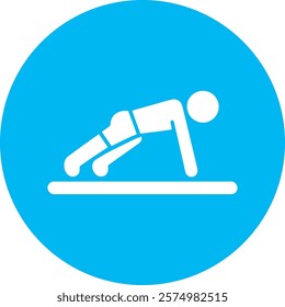 A white push-up icon on a light blue circular background, symbolizing strength, endurance, and bodyweight exercises. The design promotes fitness and an active lifestyle, reflecting a modern, clean, an