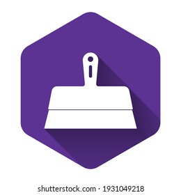 White Putty knife icon isolated with long shadow. Spatula repair tool. Spackling or paint instruments. Purple hexagon button. Vector Illustration