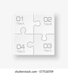 White Puzzle four piece business presentation. Square infograph. Circle 4 Step process diagram card. Section compare service banner. Vector illustration template color shape . 3d Abstract Background