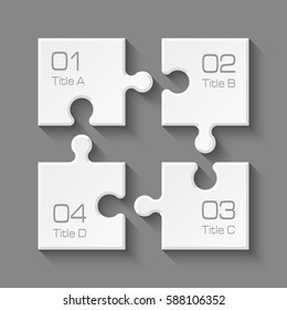 White Puzzle four piece business presentation. Square infograph. Circle 4 Step process diagram card. Section compare service banner. Abstract Background