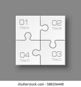 White Puzzle four piece business presentation. Square infograph. Circle 4 Step process diagram card. Section compare service banner. Abstract Background