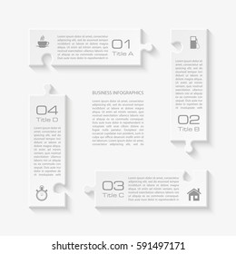 White Puzzle four piece business presentation. Square infograph. Circle 4 Step process diagram card. Section compare service banner. 3d Abstract Background