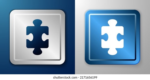 White Puzzle pieces toy icon isolated on blue and grey background. Silver and blue square button. Vector