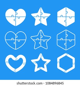 White Puzzle Shape - Heart, Star, Hexagon. Vector Puzzle Illustration Template Shape. Jigsaw Puzzle. Piece Puzzle Objects. Puzzles Pieces Shapes.
