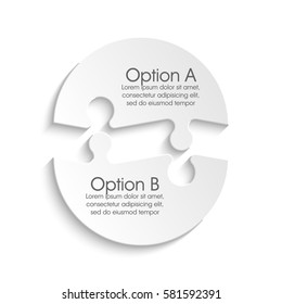 White Puzzle two piece business presentation. Round infograph. Circle 4 Step process diagram card. Section compare service banner. Vector illustration template color shape . 3d Abstract Background