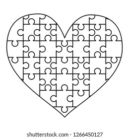 White puzzles pieces arranged in a heart shape. Easy Jigsaw Puzzle template ready for print. Cutting guidelines on white