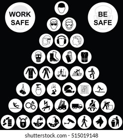 White Pyramid Construction Manufacturing And Engineering Health And Safety Related Cruciform Icon Collection Isolated On Black Background With Work Safe Be Safe Message