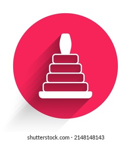 White Pyramid toy icon isolated with long shadow background. Red circle button. Vector