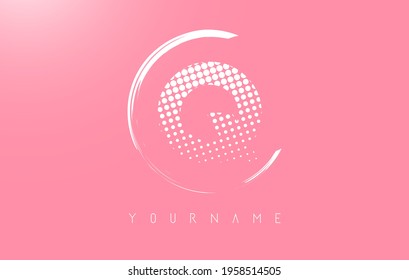 White Q letter logo design with golden dots and white circle frame on pink background. Creative vector illustration with pink background and letter Q.