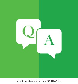 White Q&A questions answers vector icon. Speech bubbles with question and answer. Green background