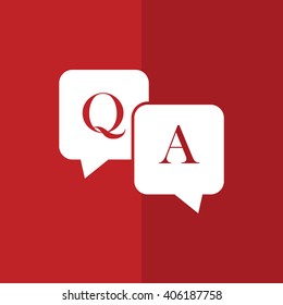 White Q&A questions answers vector icon. Speech bubbles with question and answer. Red background