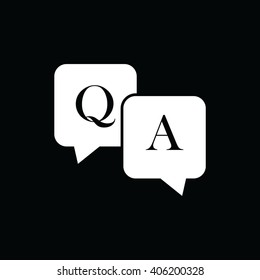 White Q&A questions answers vector icon. Speech bubbles with question and answer. Black background