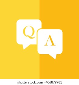 White Q&A questions answers vector icon. Speech bubbles with question and answer. Yellow background