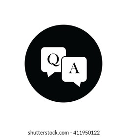 White Q&A questions answers vector icon. Speech bubbles with question and answer. Black circle. Black button