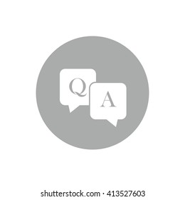 White Q&A questions and answers vector icon. Speech bubbles with question and answer. Gray circle. Gray button