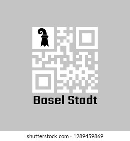 White QR code and Basel-Stadt flag on top corner. The canton of Switzerland with text Basel Stadt.