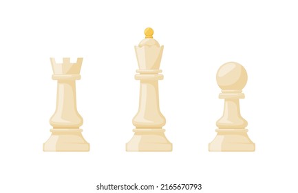 White queen, pawn, rook chess pieces set. Intellectual strategic board game vector illustration