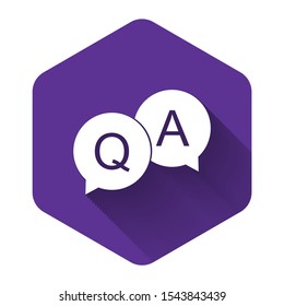 White Question and Answer mark in speech bubble icon isolated with long shadow. Q and A symbol. FAQ sign. Copy files, chat speech bubble and chart web icons. Purple hexagon button. Vector Illustration