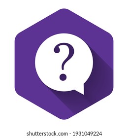 White Question mark in circle icon isolated with long shadow. Hazard warning symbol. FAQ sign. Copy files, chat speech bubble and chart web icons. Purple hexagon button. Vector Illustration