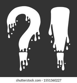White question mark and exclamation punctuation point set. Liquid dripping, cartoon style. Isolated on black background.