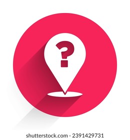 White Question mark icon isolated with long shadow. FAQ sign. Copy files, chat speech bubble and chart. Red circle button. Vector