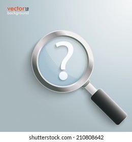 White question mark with loupe on the grey background. Eps 10 vector file.