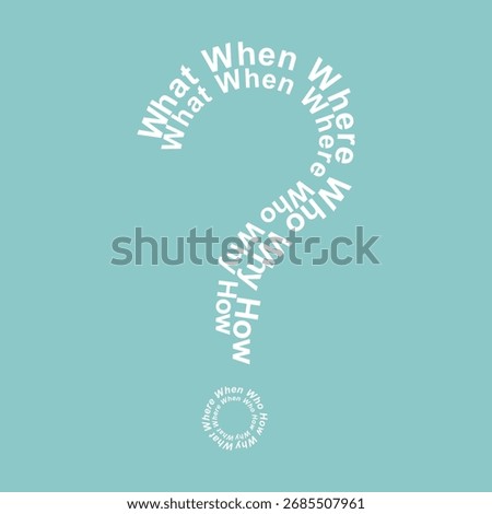 White question mark made of repeated words on light blue background, combining inquiry and symmetry, ideal for education, curiosity themes, and modern editorial design.