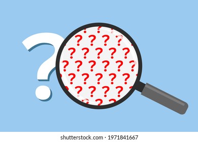 White question mark and magnifier with plenty of red question marks inside. Concept of difficult complex question, complicated problem, tricky issue