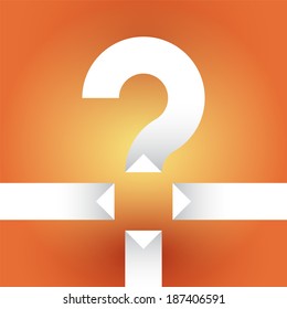 white question mark on an orange background with arrows