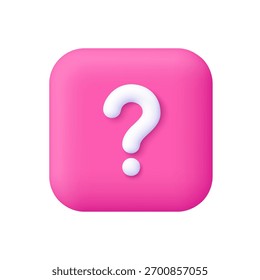 Weißes Fragezeichen auf rosafarbenem quadratischen Knopf. FAQ, Support, Hilfe und Anfragekonzept. 3D-Vektorsymbol. Cartoon minimalen Stil.