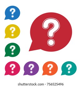 White question mark sign in red speech balloon. Help icon.  Colorful set additional versions icons. Vector illustration