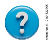 White question mark symbol in blue glossy circle. Interrogation mark icon with 3d effect. FAQ, support, help, solution mark symbol three-dimensional rendering vector illustration