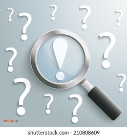 White question marks with loupe and exclamation mark on the grey background. Eps 10 vector file.